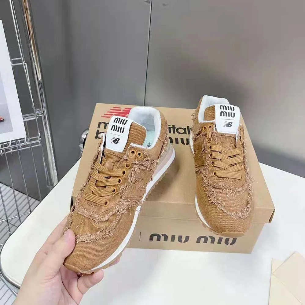Miu Miu New Balance 574 x Miu Miu Marbleized Denim Sneakers for Women in Brown