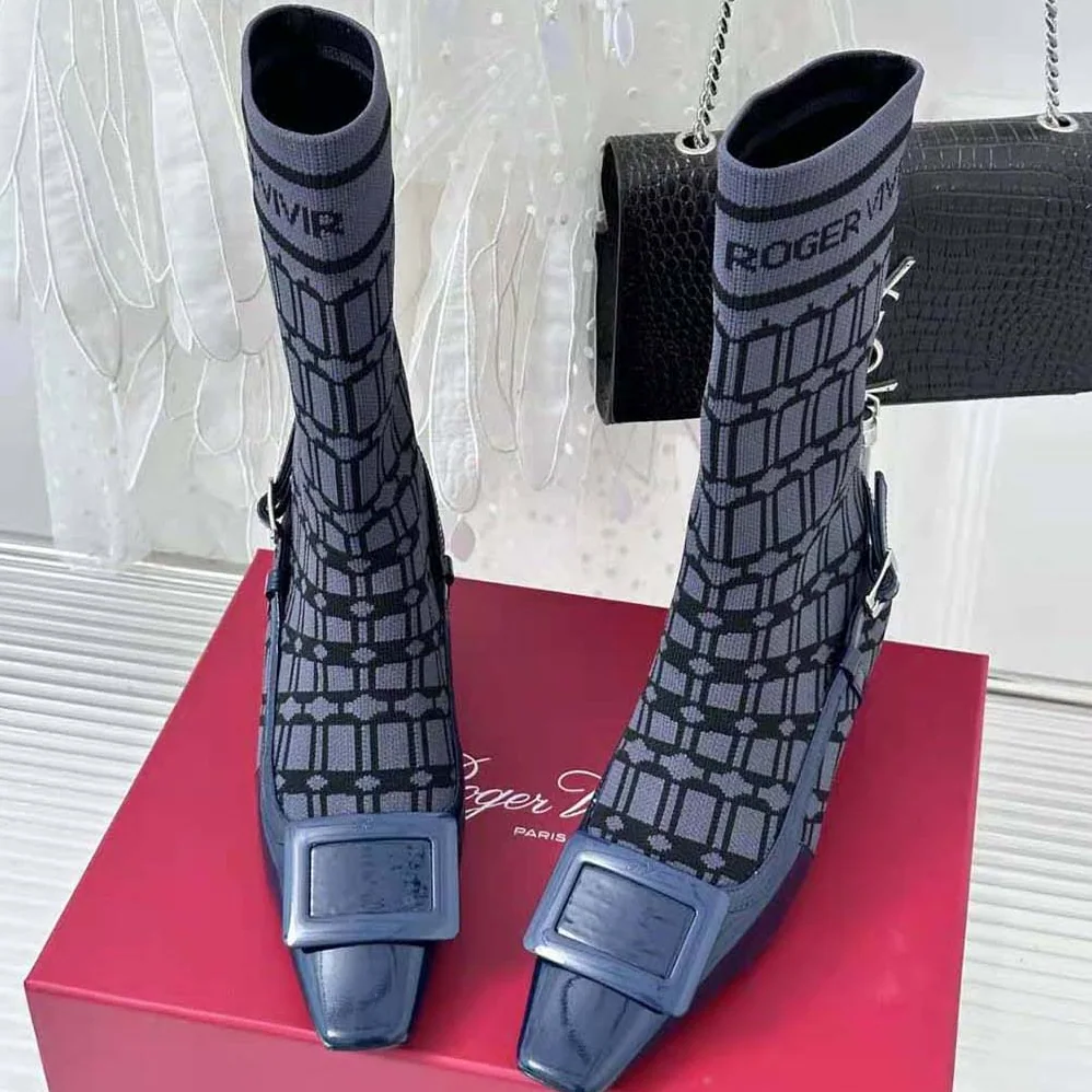 Roger Vivier Belle Vivier Sock Lacquered Buckle Ankle Boots in Patent Leather for Women in Blue Roger Vivier Belle Vivier Sock Lacquered Buckle Ankle Boots in Patent Leather for Women in Blue