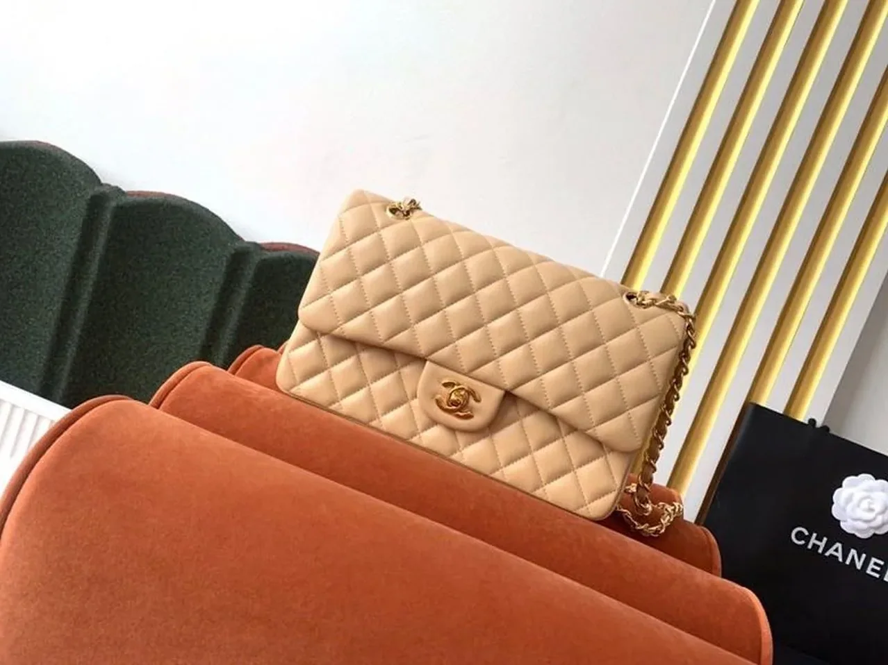 Chanel Classic Double Flap Bag Medium Crossbody in Beige Gold Hardware