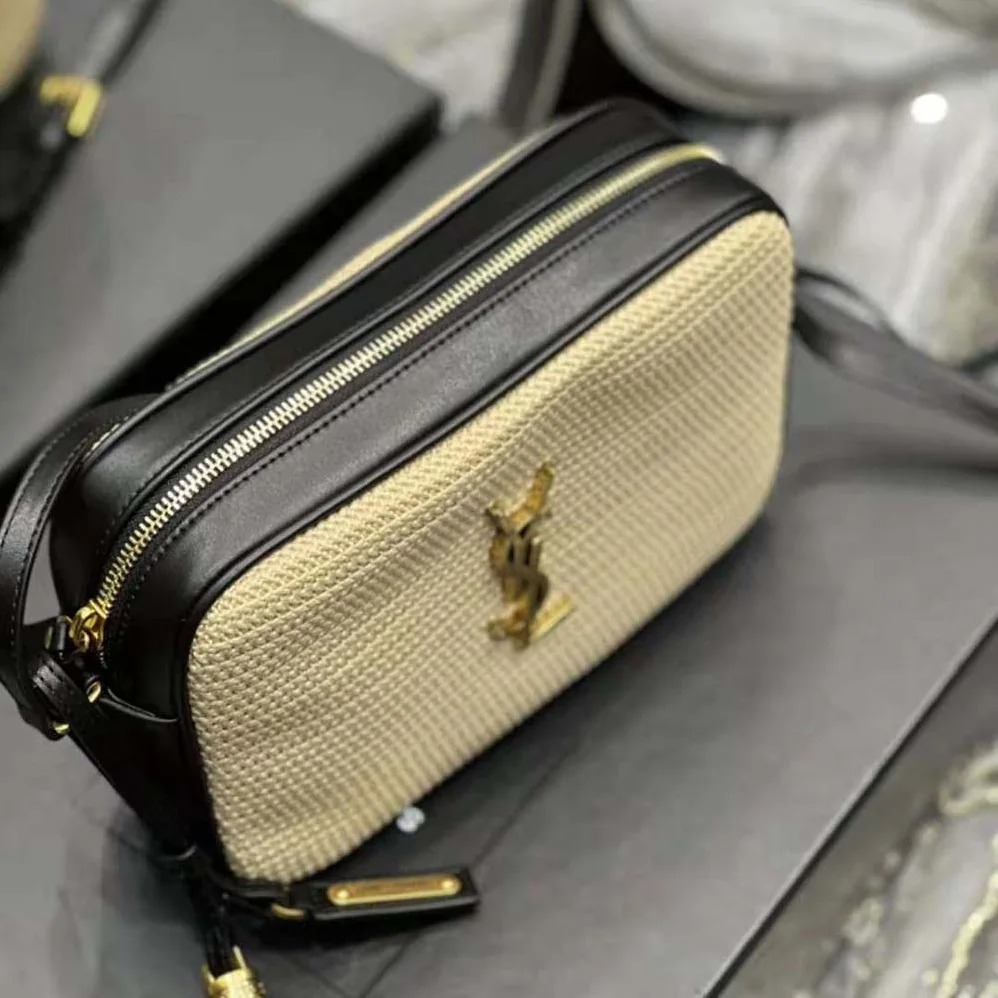 Saint Laurent YSL Lou Camera Bag in Raffia and Smooth Leather for Women