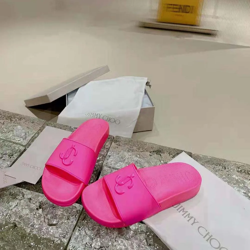 Jimmy Choo Port/F Neon Pink Rubber Slides with JC Monogram for Women Jimmy Choo Port/F Neon Pink Rubber Slides with JC Monogram for Women