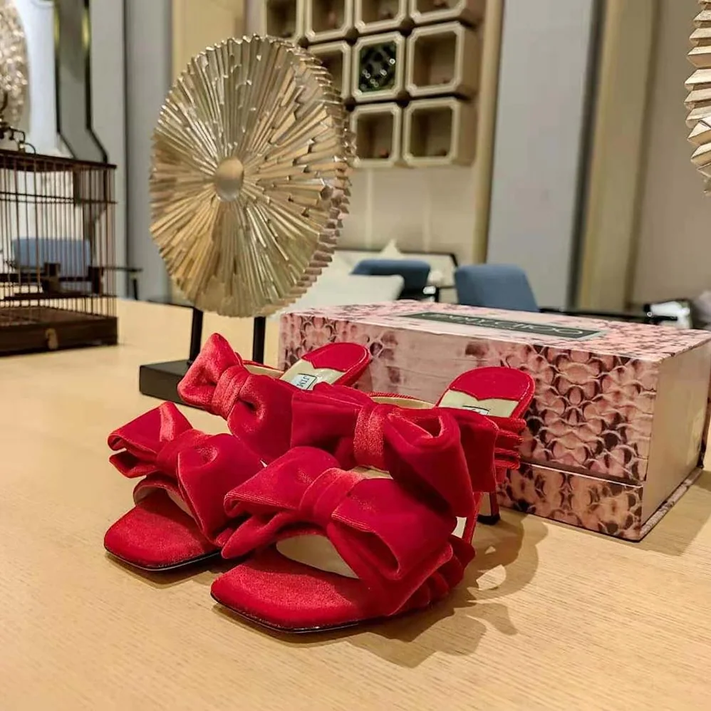 Jimmy Choo Flaca Sandal 100 Red Velvet Sandal with Bow for Women Jimmy Choo Flaca Sandal 100 Red Velvet Sandal with Bow for Women