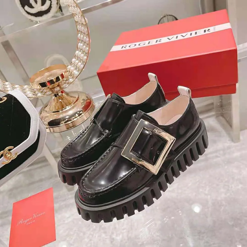 Roger Vivier Viv Go-Thick Metal Buckle Loafers in Patent Leather for Women in Black Roger Vivier Viv Go-Thick Metal Buckle Loafers in Patent Leather for Women in Black