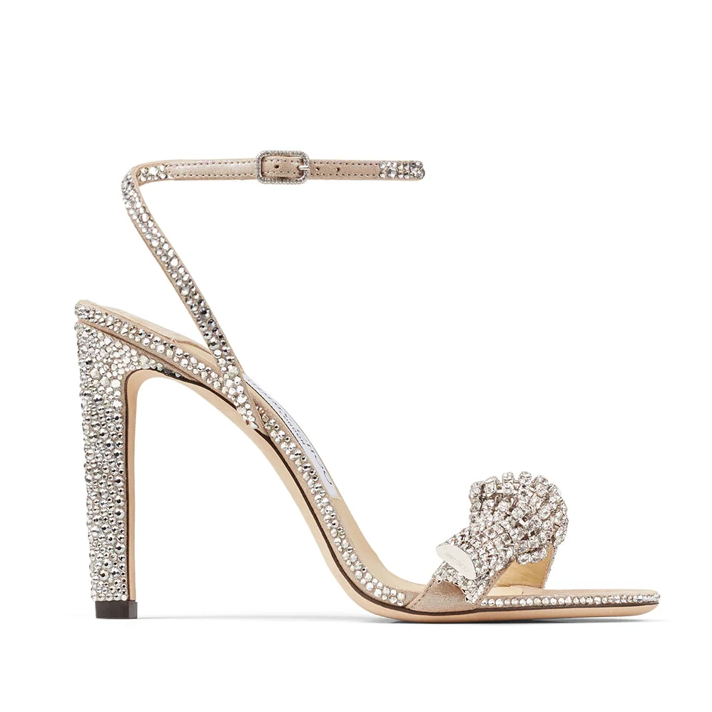 Jimmy Choo Thyra 100 Nude Suede Sandals with Pavé Crystal Cord Detail for Women Jimmy Choo Thyra 100 Nude Suede Sandals with Pavé Crystal Cord Detail for Women