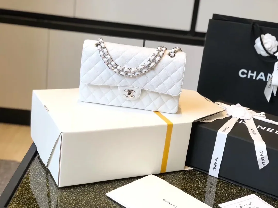 Chanel Classic Flap Bag Medium Crossbody in White Silver Hardware Chanel Classic Flap Bag Medium Crossbody in White Silver Hardware