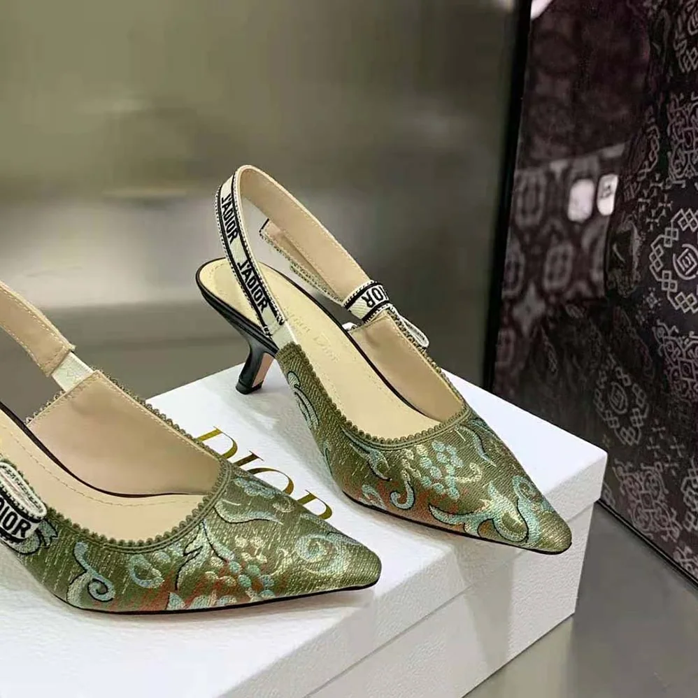 Dior J'Adior Slingback Pump Sky Blue Dior Brocart Embroidered Cotton with Gold for Women in Tone Metallic Thread