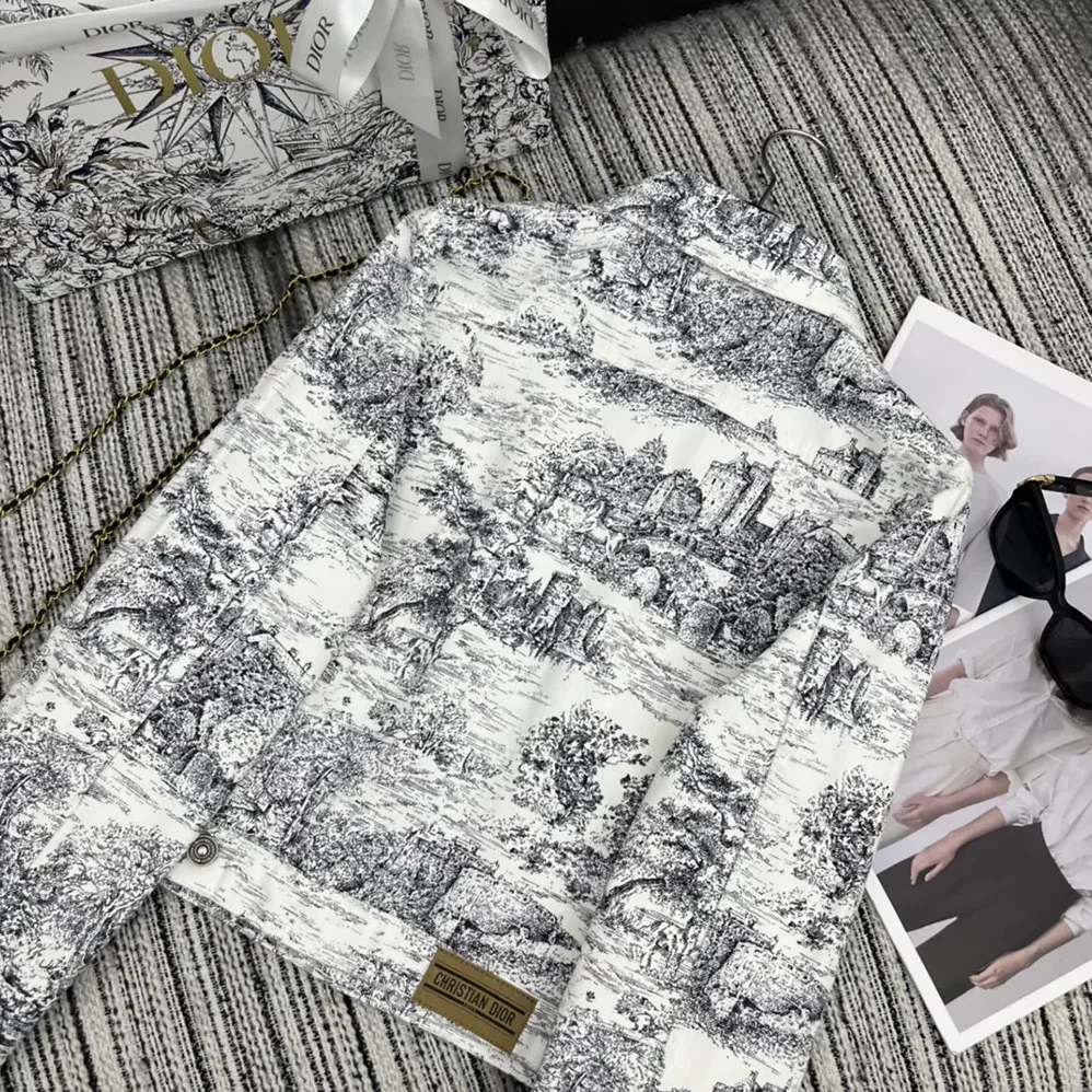 Dior Jacket White Cotton Denim with Blue Toile de Jouy Scotland Motif for Women Dior Jacket White Cotton Denim with Blue Toile de Jouy Scotland Motif for Women