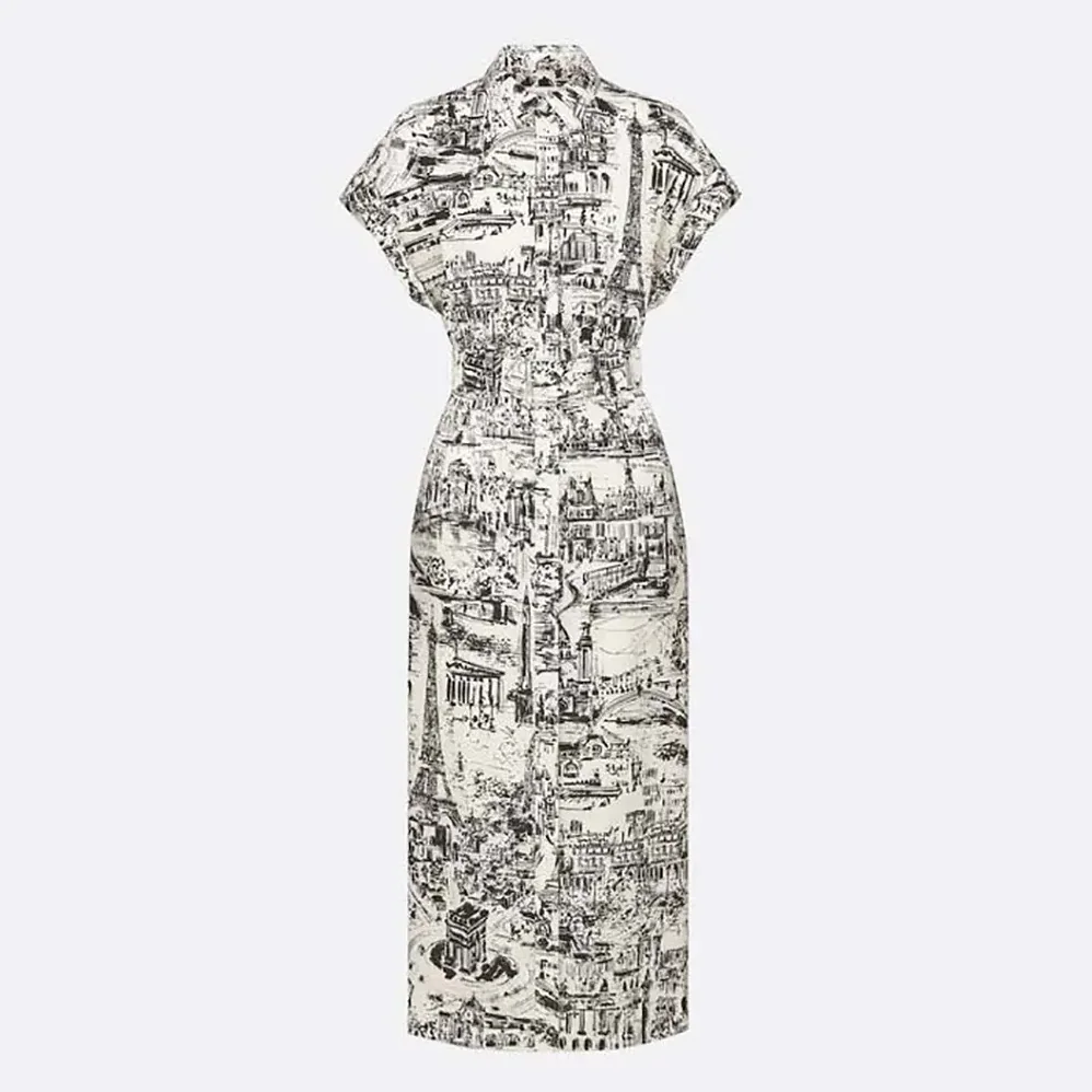 Dior Mid-Length Shirt Dress White and Black Cotton and Silk Poplin with Paris Allover Motif for Women Dior Mid-Length Shirt Dress White and Black Cotton and Silk Poplin with Paris Allover Motif for Women