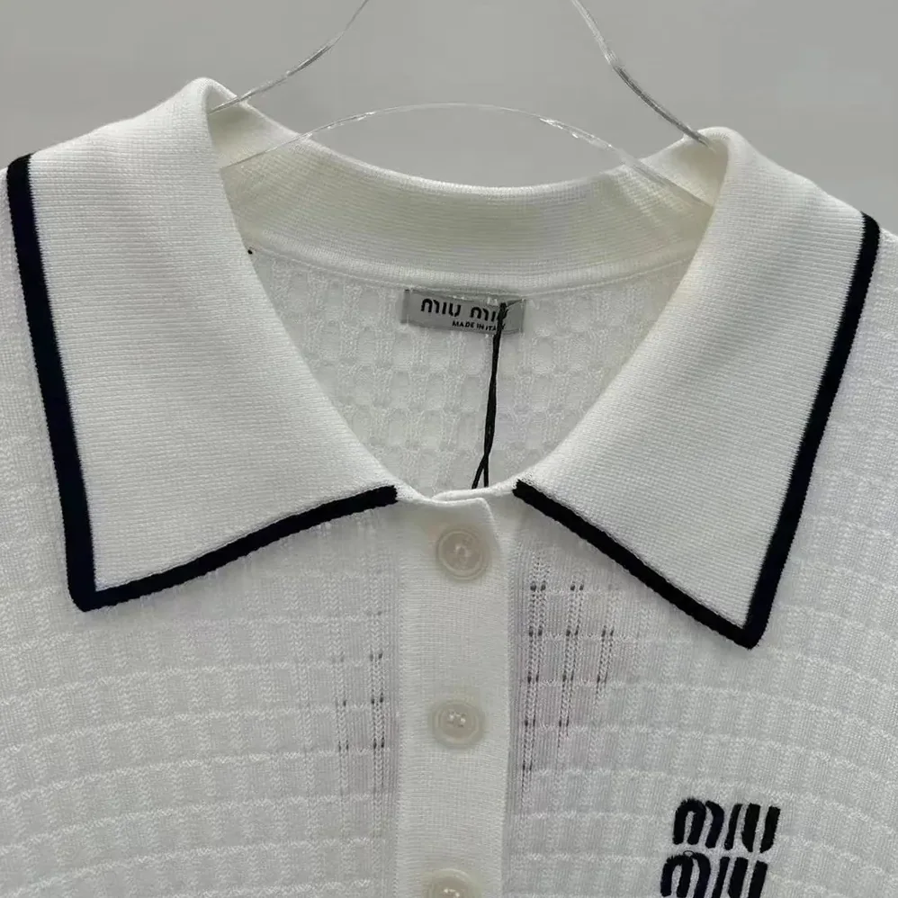 Miu Miu Knit Cotton Polo Shirt with Intarsia Logo for Women in White