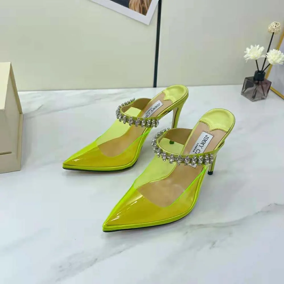 Jimmy Choo Bing 100 Neon Yellow Plexi Mules with Yellow Crystal Strap for Women Jimmy Choo Bing 100 Neon Yellow Plexi Mules with Yellow Crystal Strap for Women