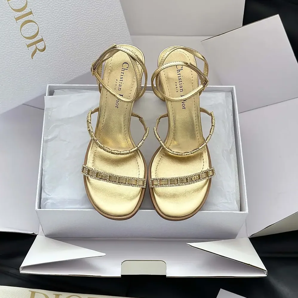 Dior Diorissime Heeled Sandal Gold-Tone Laminated Lambskin and Silver for Women in Tone Strass Dior Diorissime Heeled Sandal Gold-Tone Laminated Lambskin and Silver for Women in Tone Strass