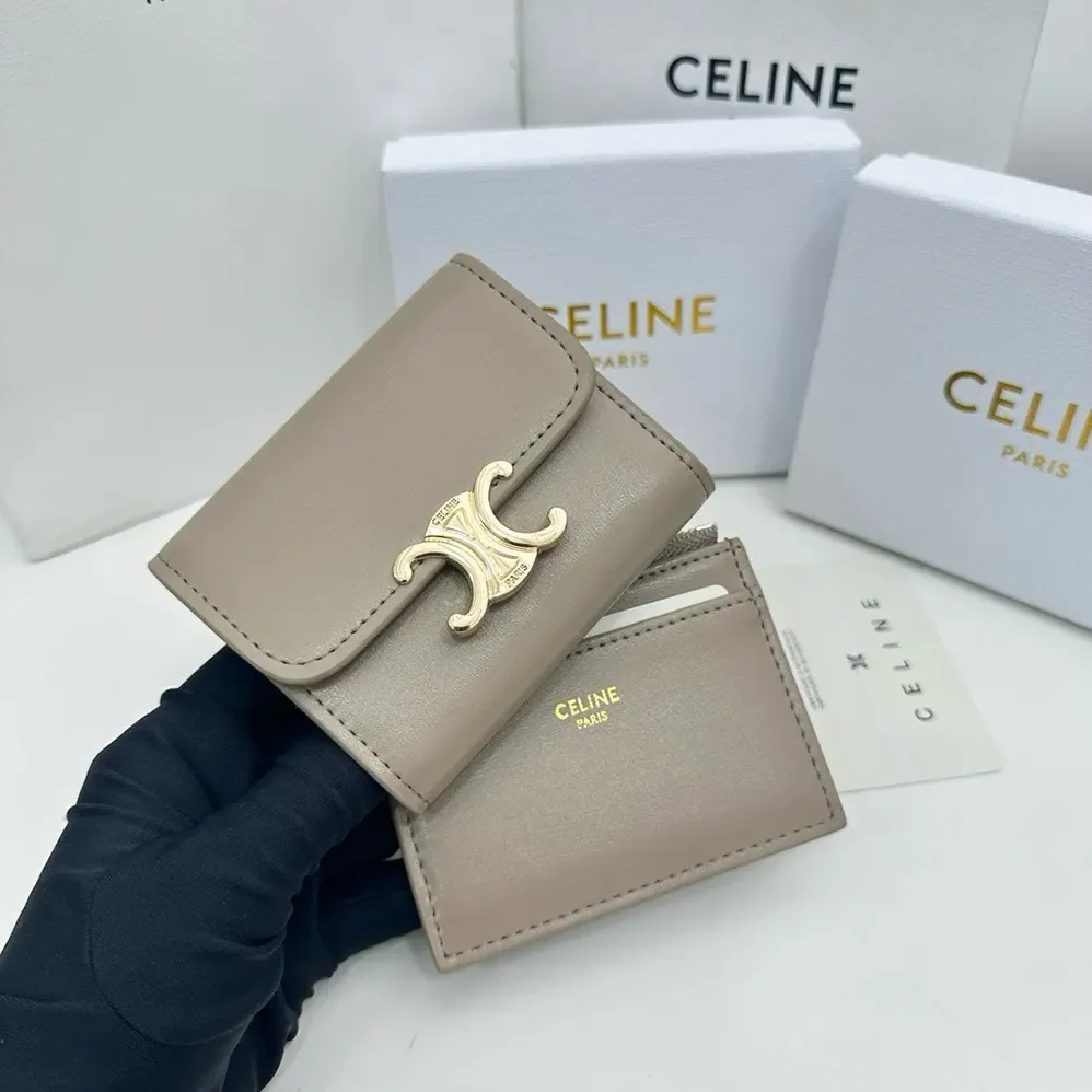 Celine Compact Wallet with Coin Triomphe in Shiny Calfskin for Women in Grey Celine Compact Wallet with Coin Triomphe in Shiny Calfskin for Women in Grey