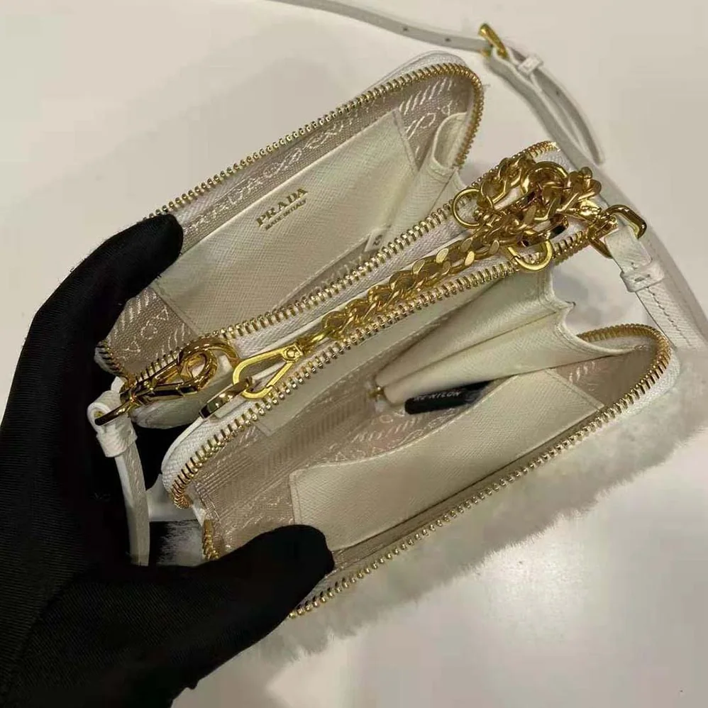 Prada Shearling and Saffiano Leather Mini-Pouch for Women in White