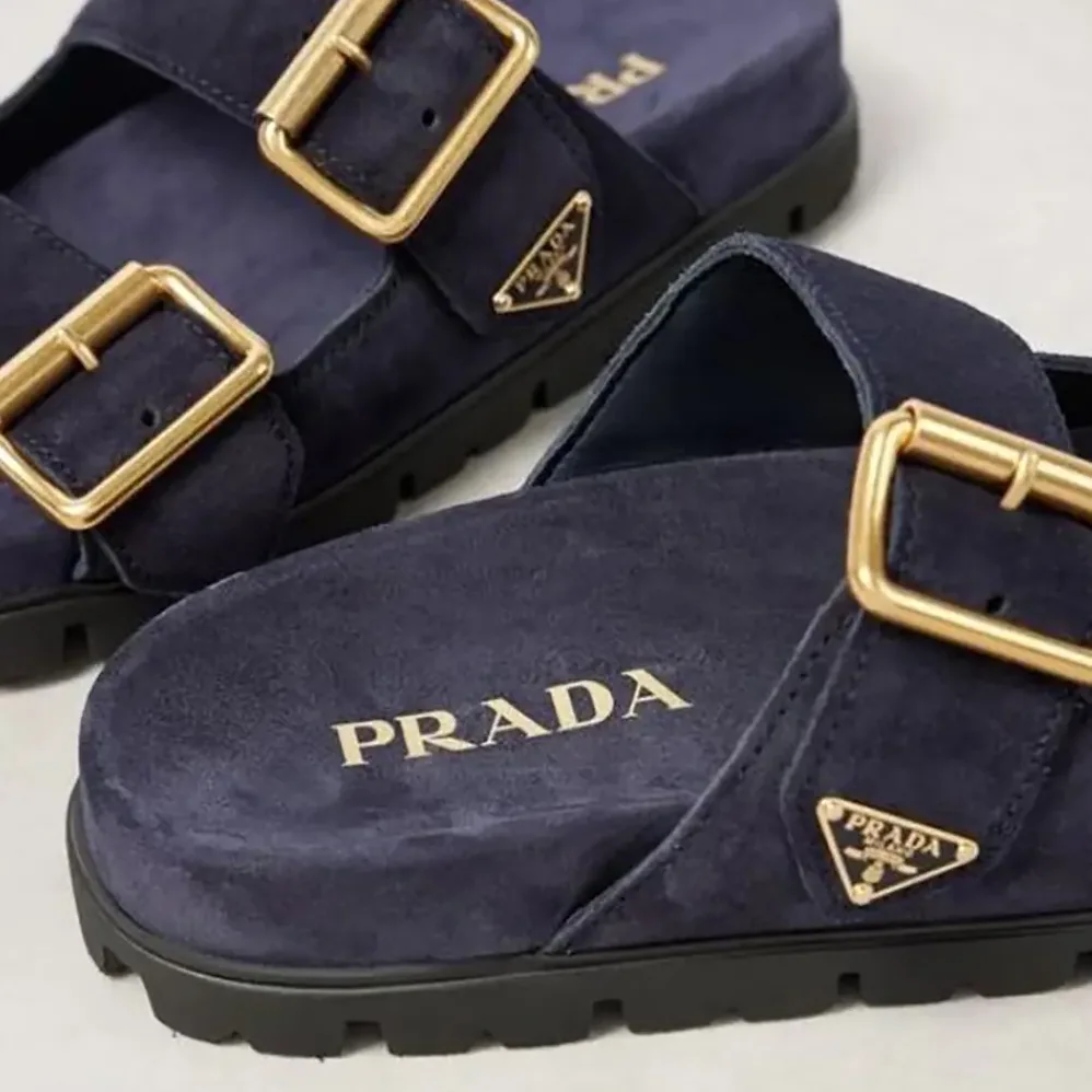 Prada Suede Strap Slides with Metal Buckle for Unisex in Navy Prada Suede Strap Slides with Metal Buckle for Unisex in Navy