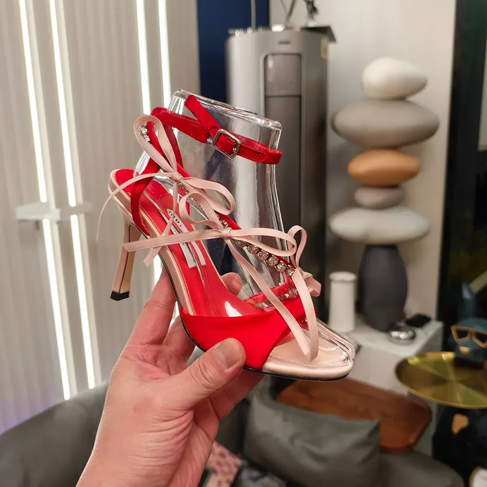 Jimmy Choo Lula 100mm Macaron and Ruby Red Satin Sandals with Bows for Women Jimmy Choo Lula 100mm Macaron and Ruby Red Satin Sandals with Bows for Women
