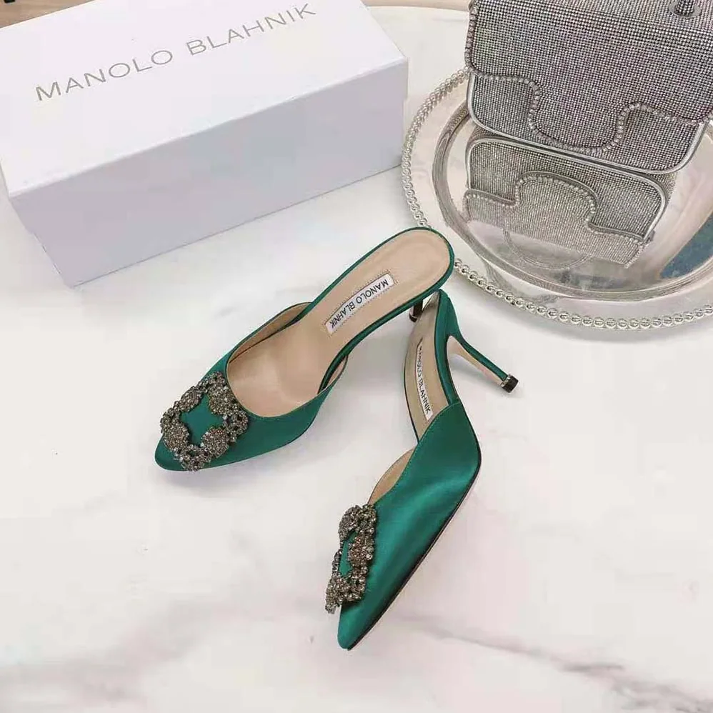 Manolo Blahnik Green Satin Jewel Buckle Mules for Women Manolo Blahnik Green Satin Jewel Buckle Mules for Women