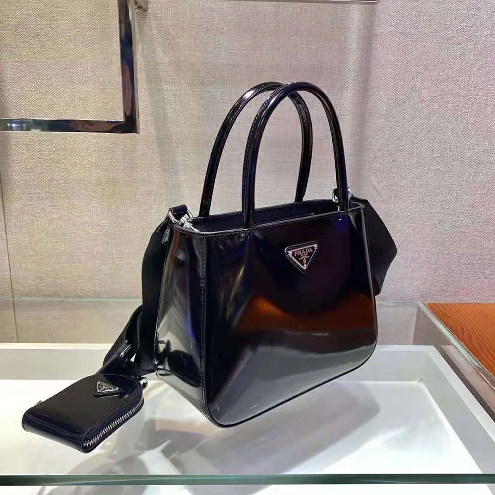Prada Brushed Leather Handbag Nylon Lining for Women in Black