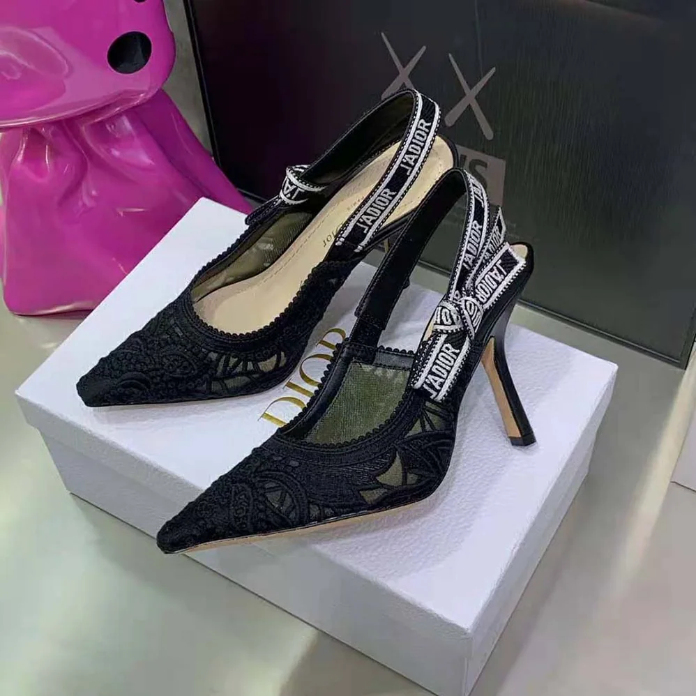 Dior J Adior Slingback Pump Black Macramé Embroidered Cotton for Women Dior J Adior Slingback Pump Black Macramé Embroidered Cotton for Women