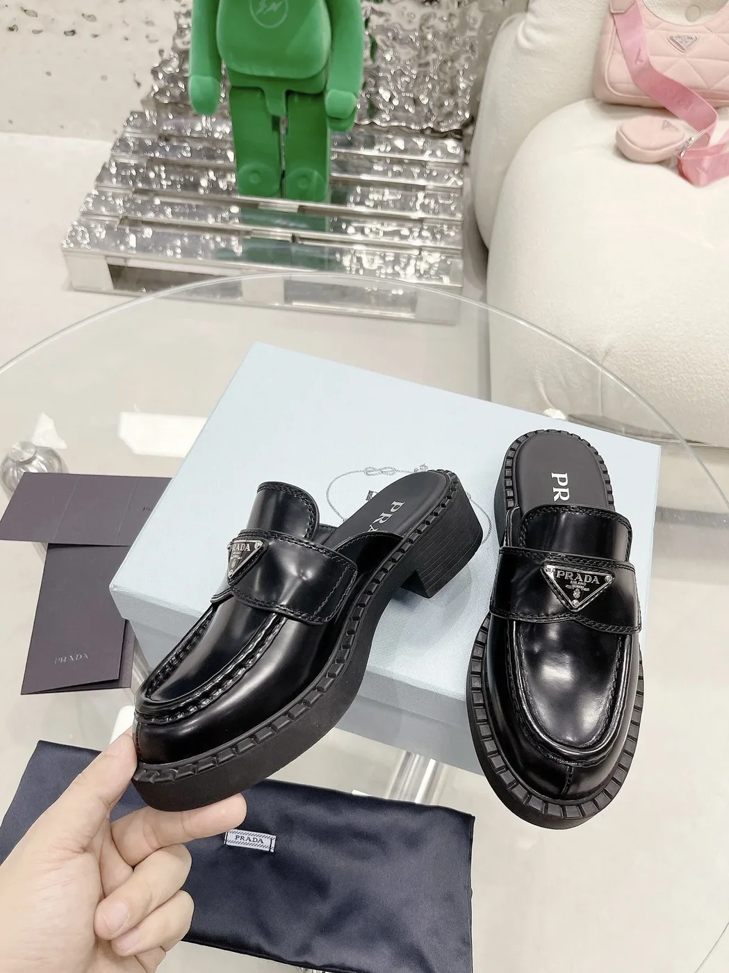 Prada Chocolate Brushed Mules Black in PRD