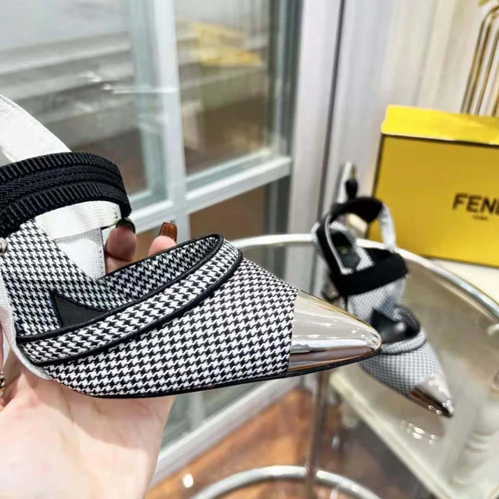 Fendi Colibrì High-Heeled Slingbacks in Black Houndstooth Fabric for Women Fendi Colibrì High-Heeled Slingbacks in Black Houndstooth Fabric for Women