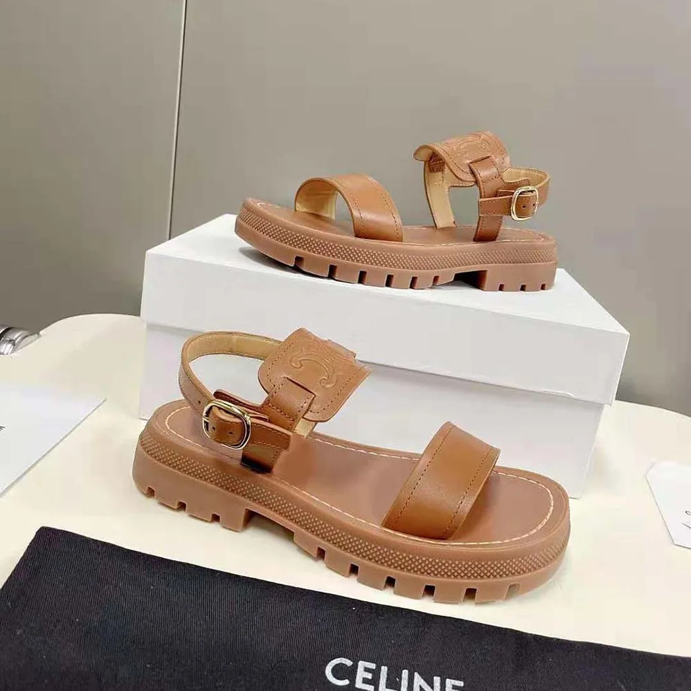 Celine Clea Triomphe Sandal in Vegetal Calfskin for Women in Brown Celine Clea Triomphe Sandal in Vegetal Calfskin for Women in Brown