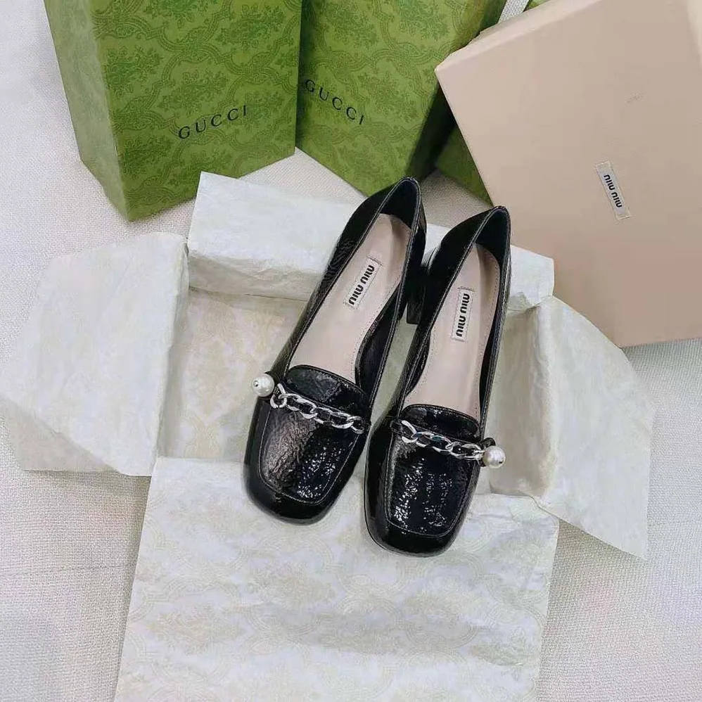 Miu Miu Patent Leather Loafers in 35mm Heel for Women in Black Miu Miu Patent Leather Loafers in 35mm Heel for Women in Black