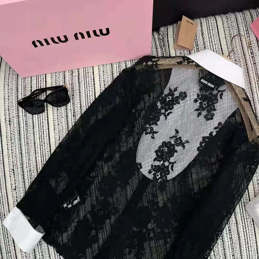 Miu Miu Lace Shirt with Knit Logo Label for Women in Black Miu Miu Lace Shirt with Knit Logo Label for Women in Black