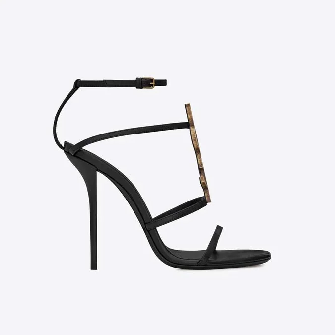 Saint Laurent YSL Cassandra Sandals with Gold Logo in Smooth Leather (110) Heel Height for Women in Black