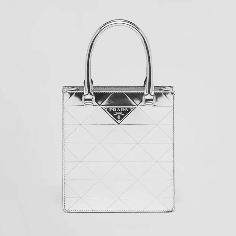Prada Small Metallic Leather Tote Bag for Women in Silver Prada Small Metallic Leather Tote Bag for Women in Silver