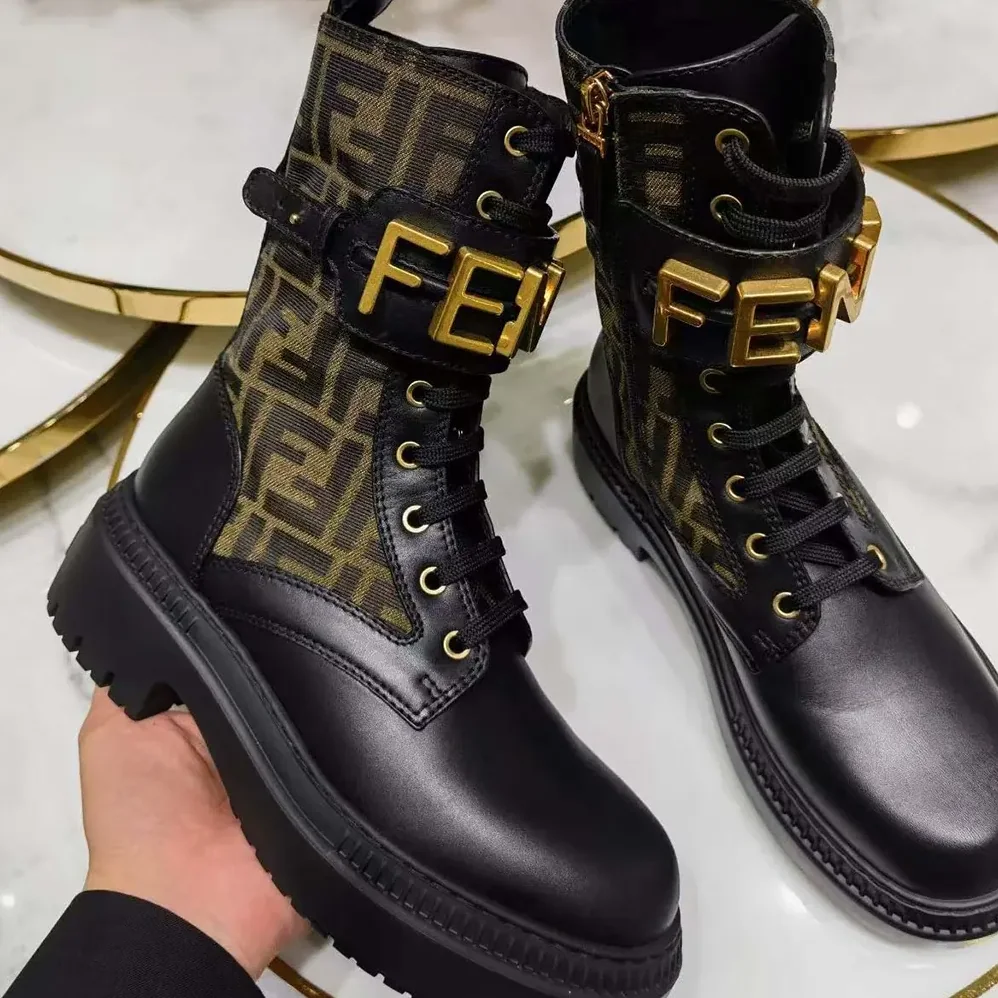 Fendi Fendigraphy Black Leather Biker Boots with Stretch Fabric for Women Fendi Fendigraphy Black Leather Biker Boots with Stretch Fabric for Women