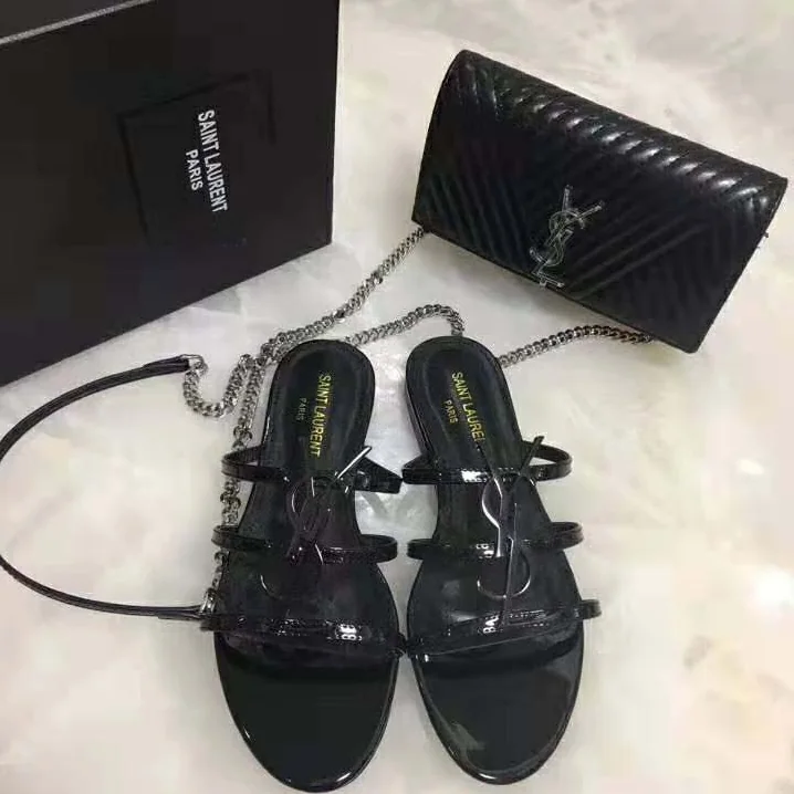 Saint Laurent YSL Cassandra Open Sandals Black Logo Patent for Women Saint Laurent YSL Cassandra Open Sandals Black Logo Patent for Women