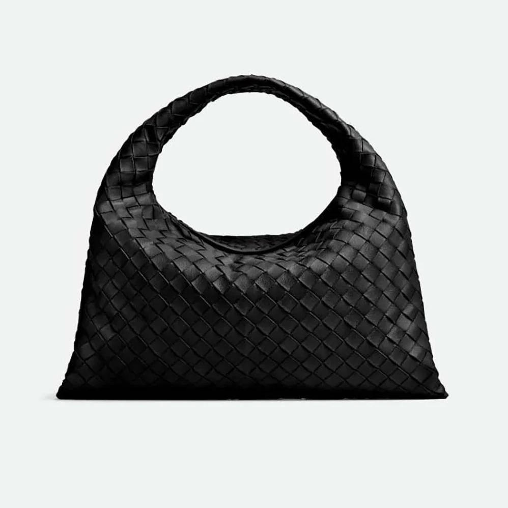 Bottega Veneta Small Hop with Intrecciato Craftsmanship in Calfskin Leather for Women in Black