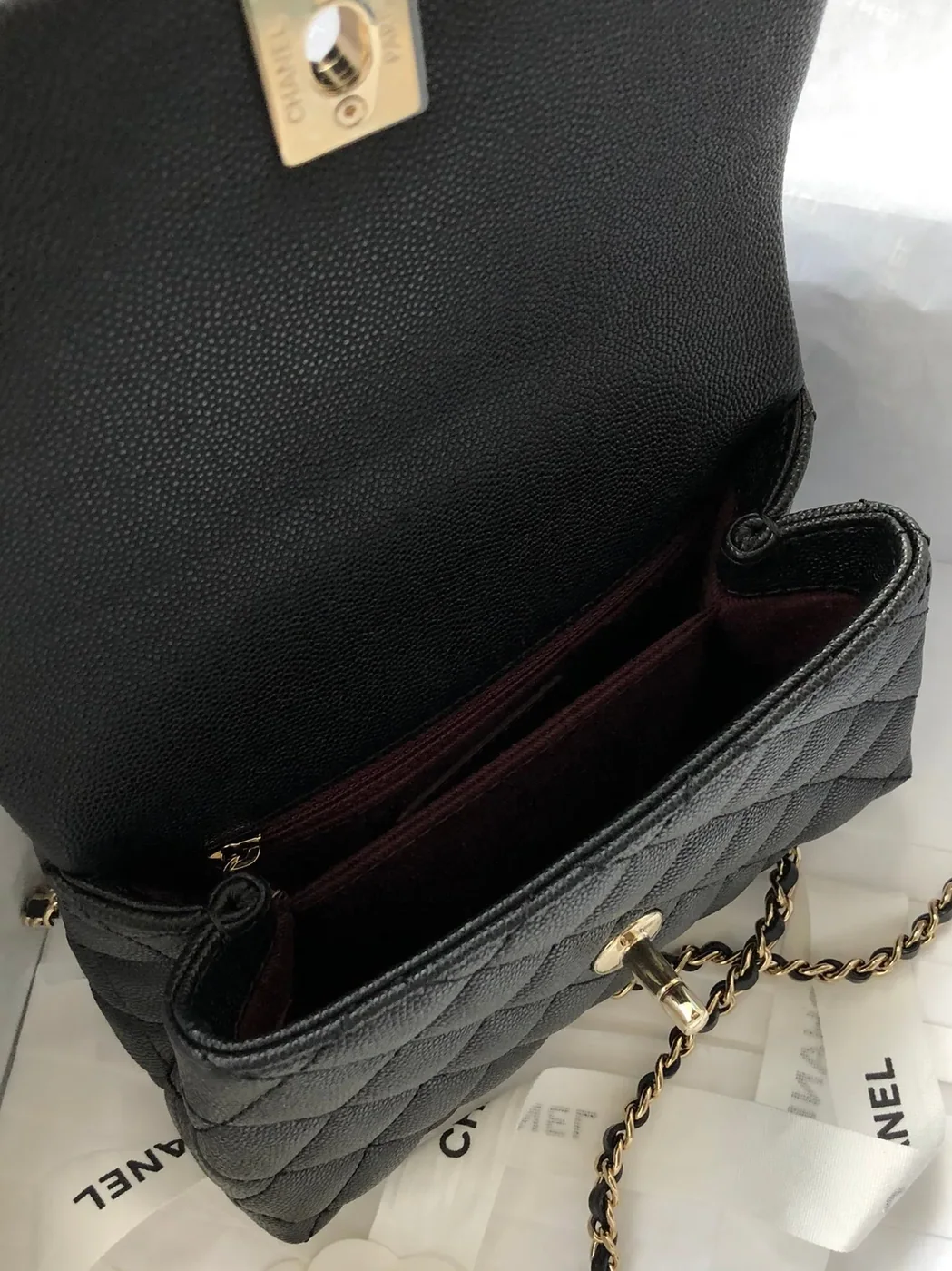 Chanel Classic Mini Flap Bag Top Handle in Black Gold Hardware