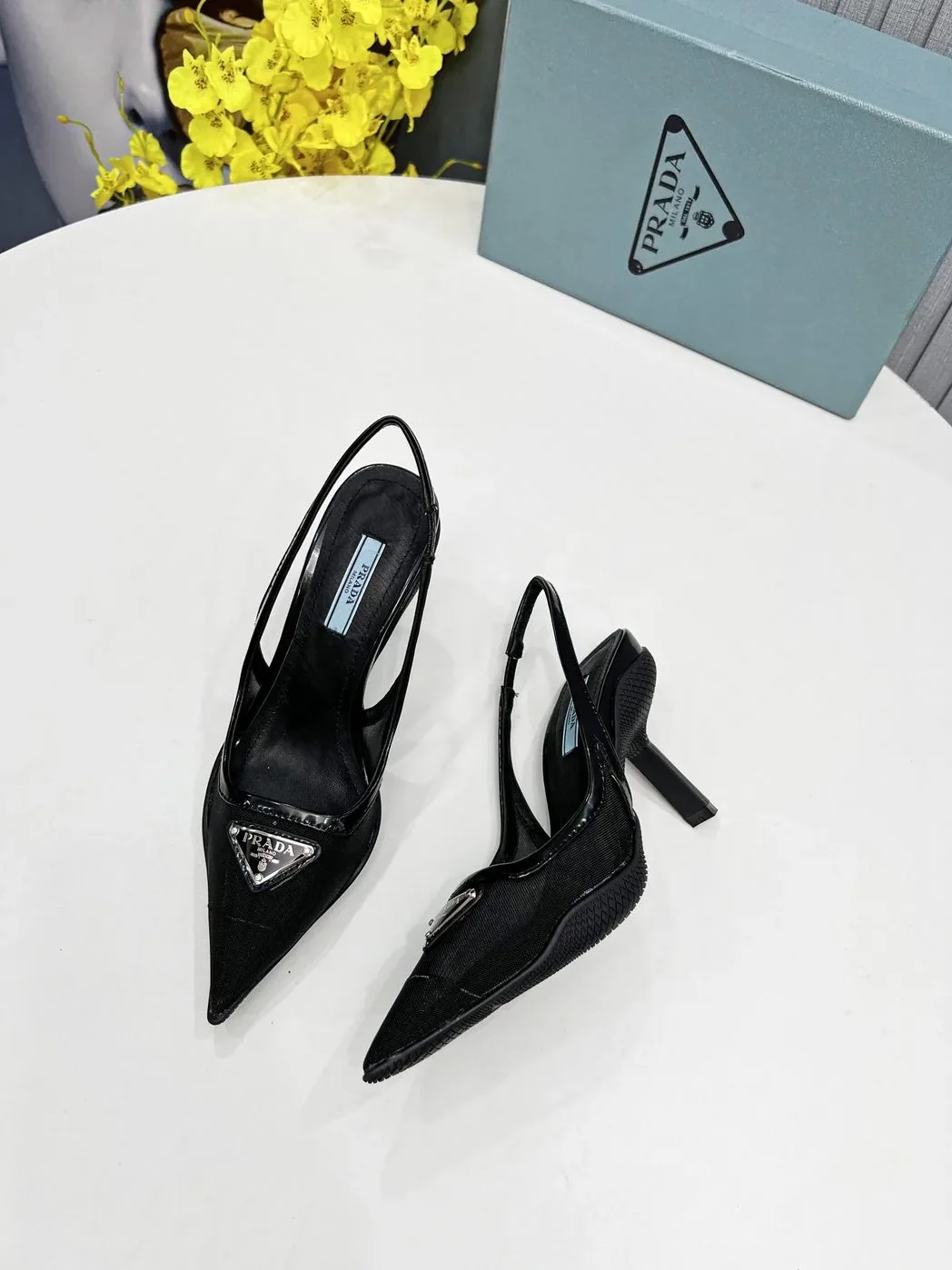 Prada Mesh Fabric Slingback Pumps Black