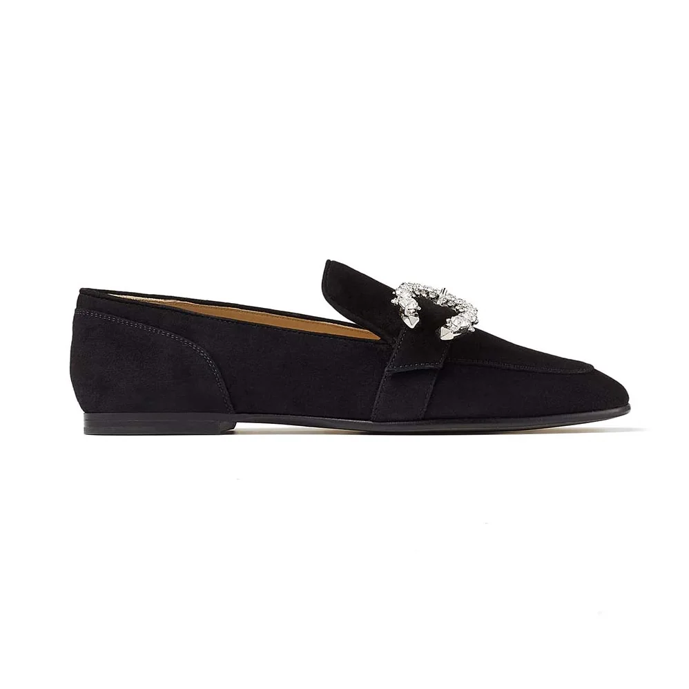 Jimmy Choo Mani Flat Black Suede Loafers with Crystal Buckle for Women