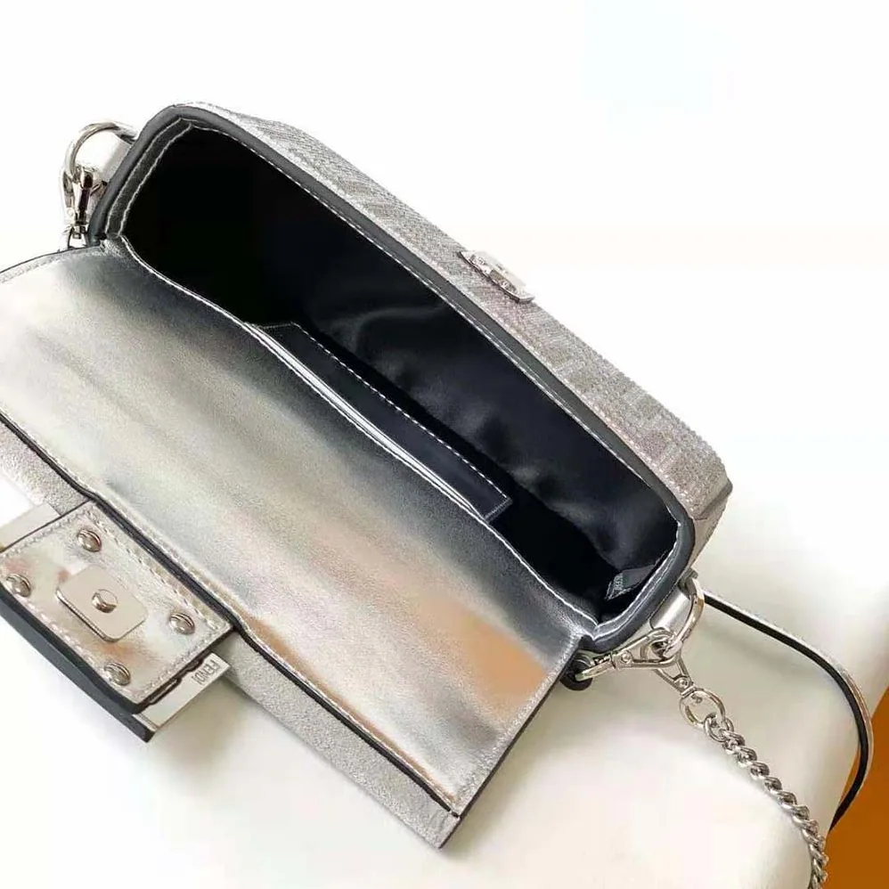 Fendi Baguette Mini Silver Leather Bag with Crystal FF Motif for Women Fendi Baguette Mini Silver Leather Bag with Crystal FF Motif for Women