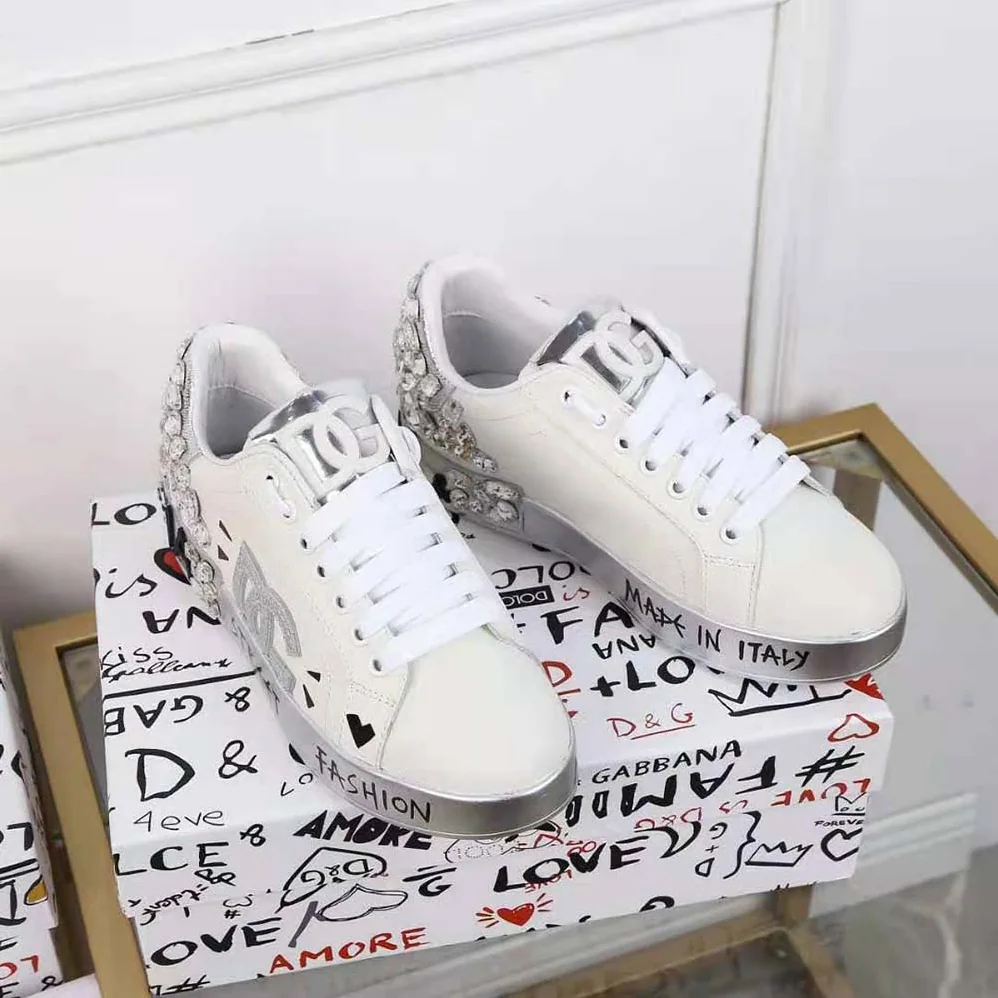 Dolce Gabbana D&G Printed Calfskin Nappa Portofino Sneakers with DG Logo and Embroidery for Men in Silver
