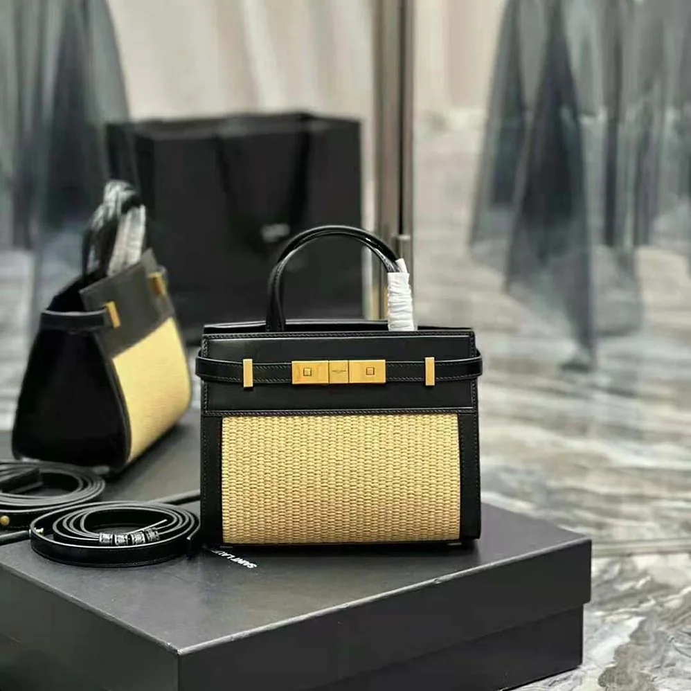 Saint Laurent YSL Manhattan Nano Shopping Bag in Raffia and Smooth Leather for Women in Black