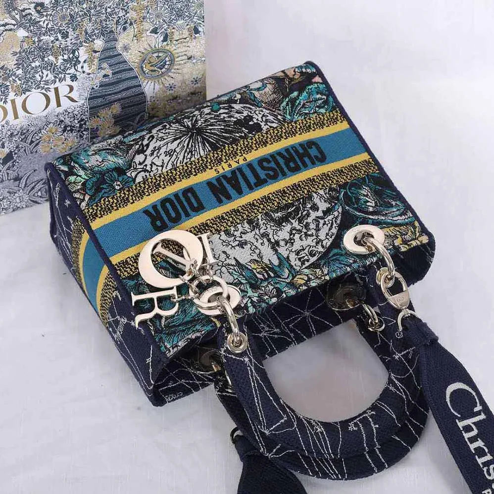 Dior Medium Lady D-lite Bag Latte Multicolor Dior Constellation Embroidery for Women in Blue