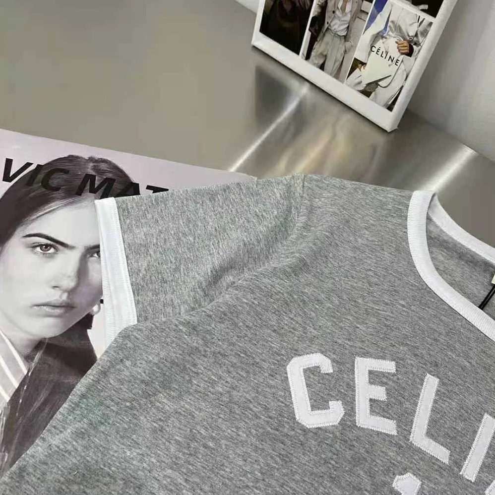 Celine Embroidered Celine 16 T-shirt in Cotton Jersey for Women in Silver Celine Embroidered Celine 16 T-shirt in Cotton Jersey for Women in Silver
