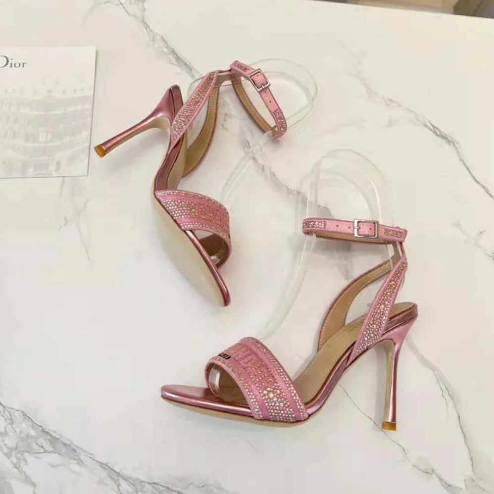 Dior Dway Heeled Slide Pink Cotton Embroidered with Metallic Thread and Strass for Women