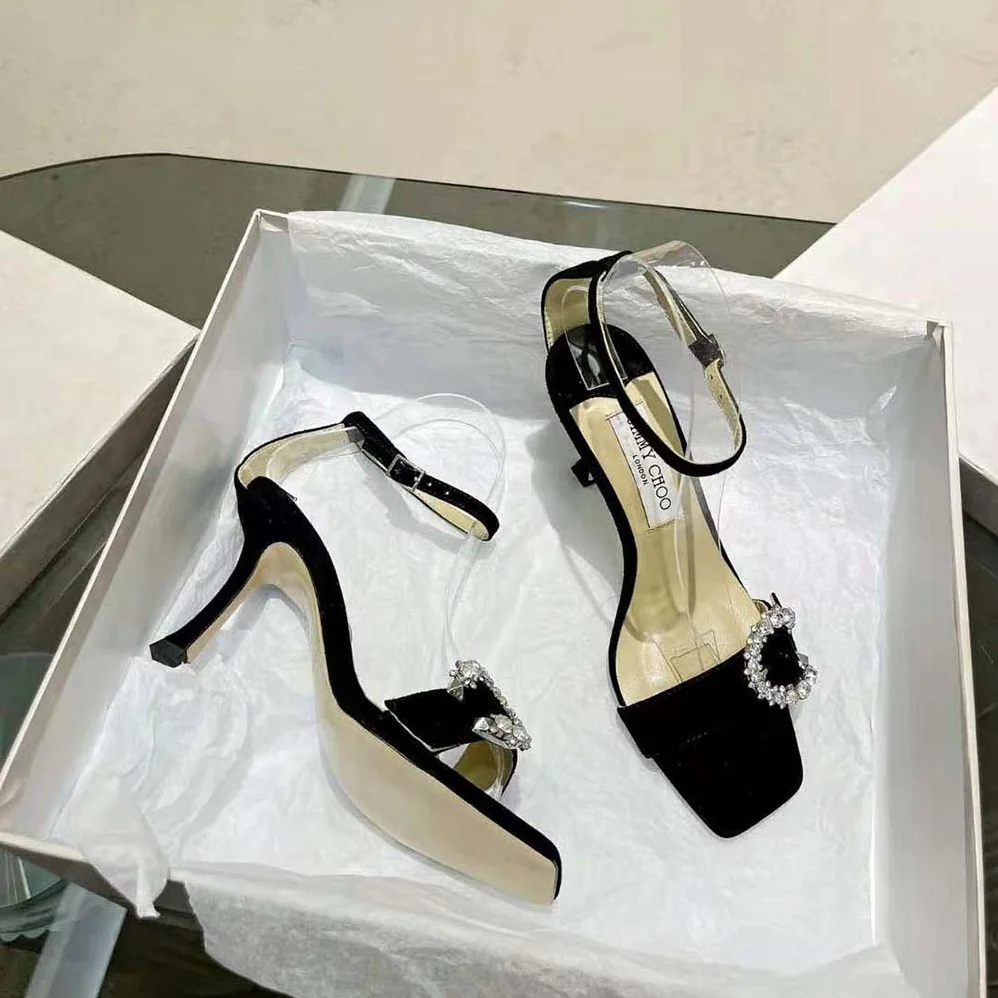 Jimmy Choo Marsai 90 Black Suede Sandals with Crystal Buckle for Women Jimmy Choo Marsai 90 Black Suede Sandals with Crystal Buckle for Women