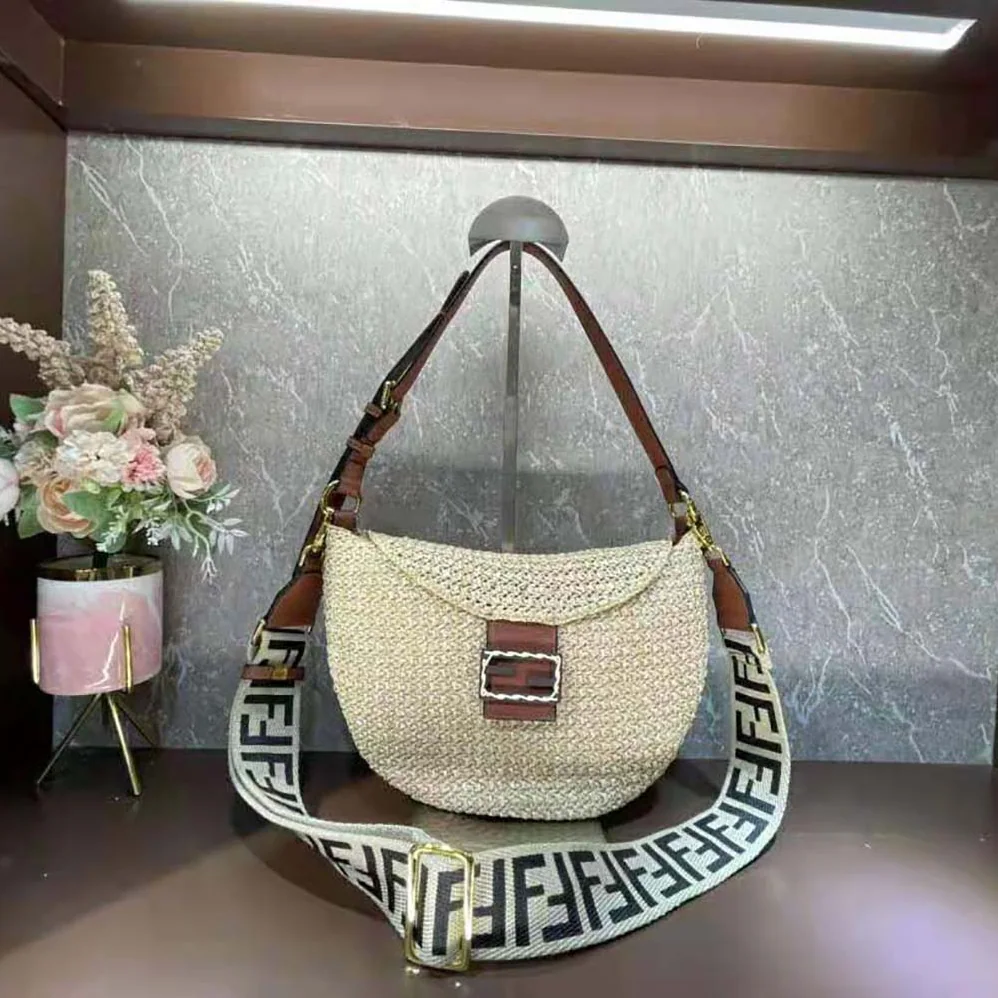 Fendi Small Croissant Woven Straw Bag for Women in Beige