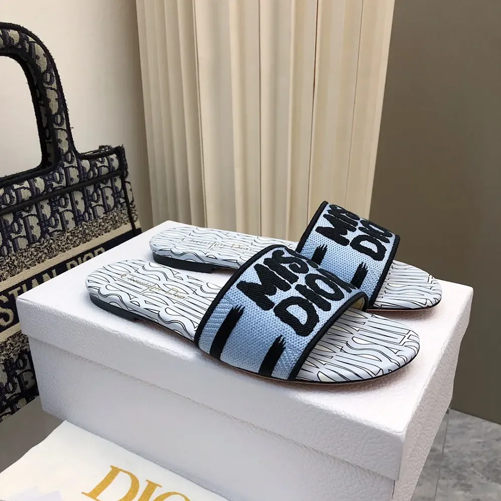 Dior Dway Slide Embroidered Cotton and Pale Blue Miss Dior Allover Motif for Women