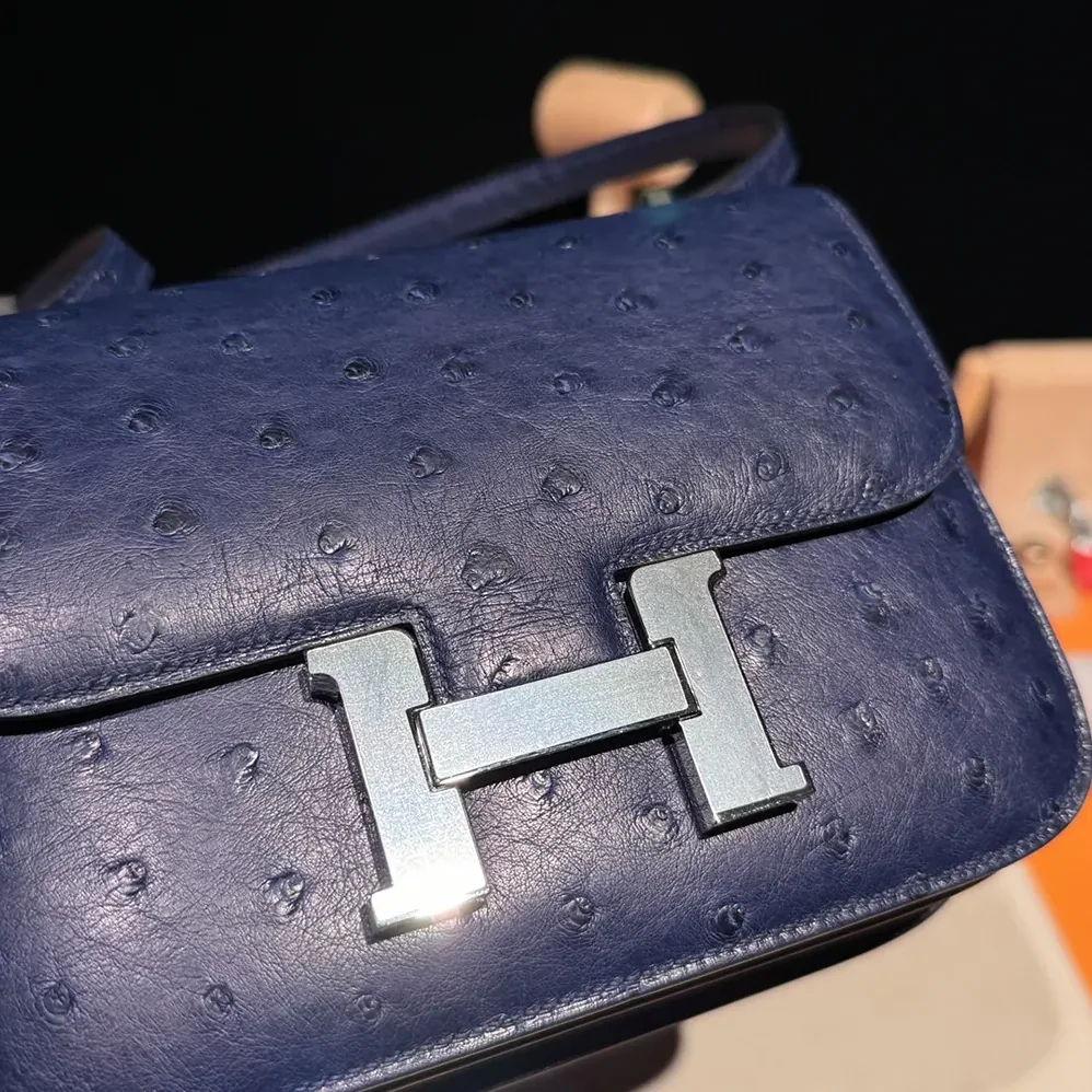 Hermes Constance 19 Bag Nata Ostrich Leather for Women in Navy/Silver