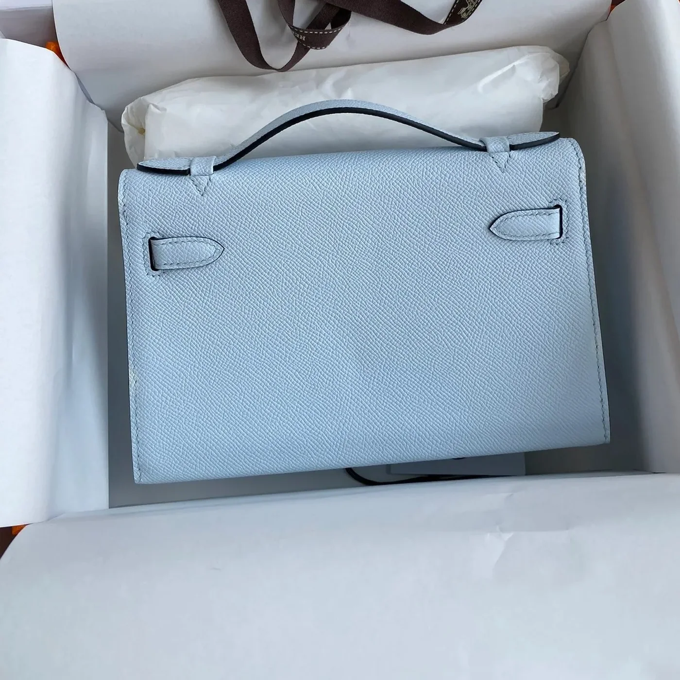 Hermes Kelly Pochette Top Handle Bag / Sky Blue Epsom Gold Hardware