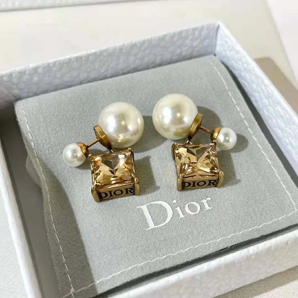 Dior Tribales Earrings Antique Gold-Finish Metal with White Resin Pearls and Citrine for Women