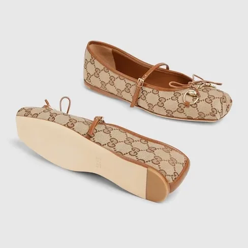 Gucci Horsebit Ballet Flats Beige in Dark Brown Canvas