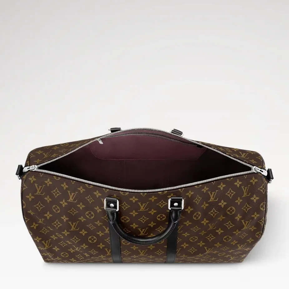 Louis Vuitton Keepall Bandouliere 55 Travel Bag in Brown Monogram Silver Hardware Louis Vuitton Keepall Bandouliere 55 Travel Bag in Brown Monogram Silver Hardware