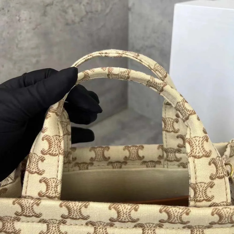 Celine Small Cabas Thais in Textile with Triomphe Canvas Print and Calfskin for Women in Beige